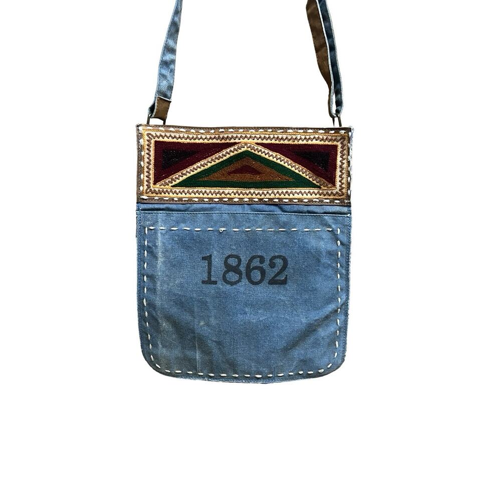 Crossbody Blue Waxed Canvas & Leather Embroidered 1862 Purse Striped Lining